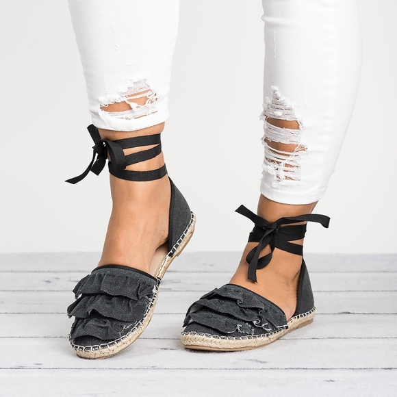 SunnyMia Shoes - 👠Black Ruffle Lace up Espadrille - Lala5